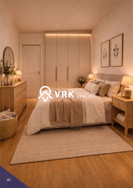 A bedroom in a 4-room apartment with wooden decor and soft lighting.