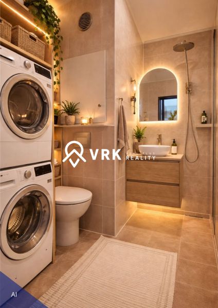 Bathroom with a washing machine, sink, shower, and decorative plants in a 4-room apartment.