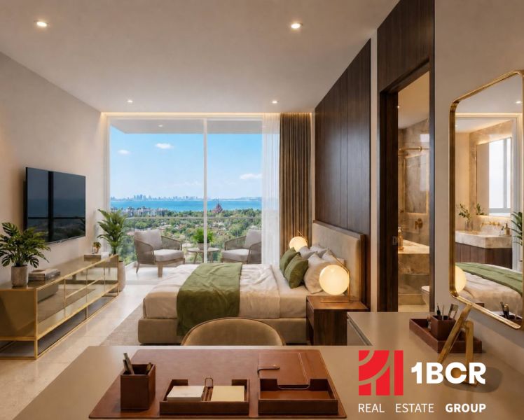 Furnishing of a one-bedroom apartment with a sea view, with a wooden decor floor.