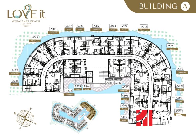 Floor plan of a resort building in Pattaya with studios and two-bedroom apartments.