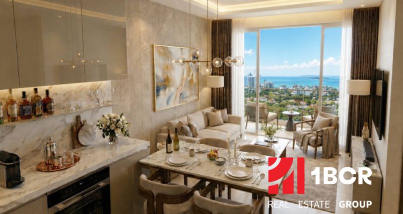 2-bedroom apartment with a sea view, elegant living room, and dining area.