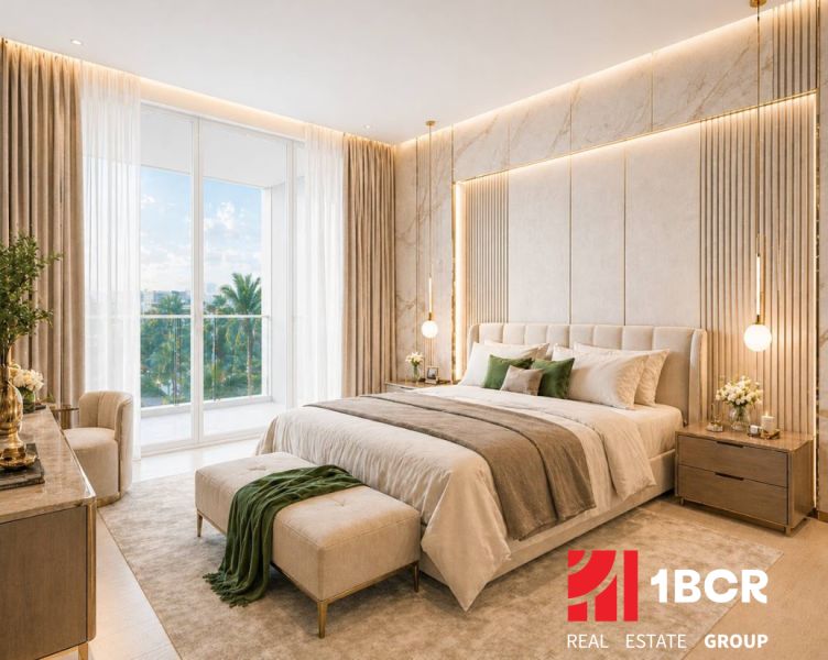 Elegant bedroom with a balcony and wood-patterned flooring in a 2-room apartment.