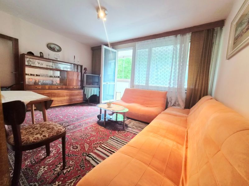 Living room in a 2-room apartment with an orange sofa, Persian carpet, and a display cabinet.