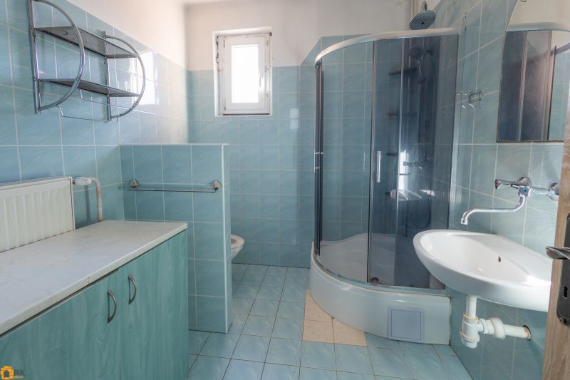 A bathroom in a family house with blue tiles, a shower corner, and a sink.