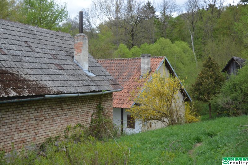 A family house in Bukovec with an old brick wall surrounded by a green environment and trees.