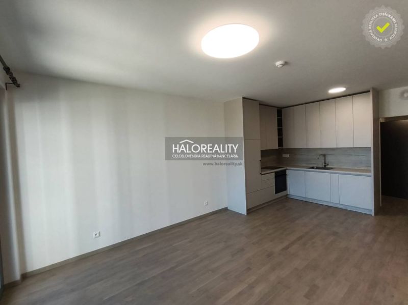 A kitchen with built-in appliances, a floor with a wooden decor in a studio apartment.