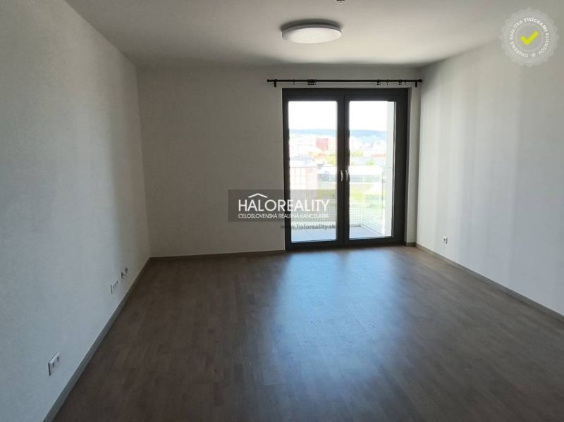 A bright room in a one-bedroom apartment with a wood-patterned floor and a large window.