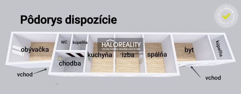 Floor plan of a family house in Malacky with a living room, kitchen, and bedroom.
