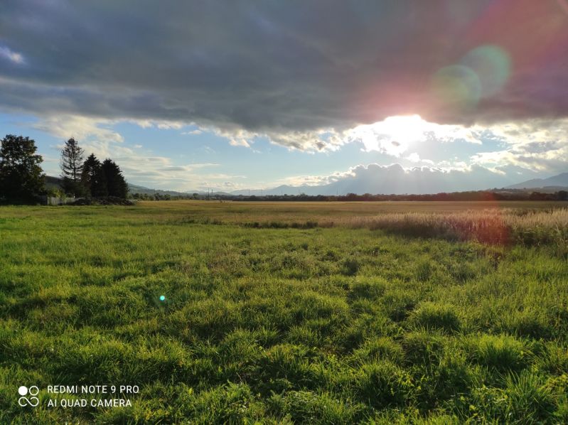 Extensive green lands, ideal for living, under the sun behind the clouds.