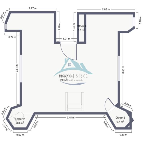 The floor plan of an office in a cabin with an area of 21 m² and four alcoves.