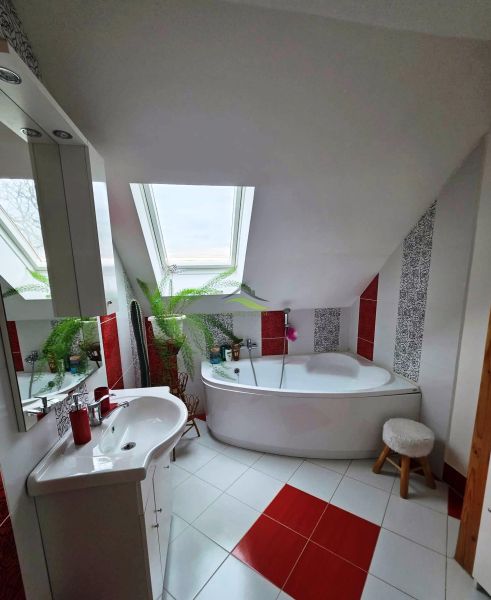 Bathroom in a family house with a bathtub and a skylight, red and white tiles.