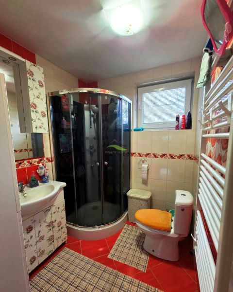 A bathroom in a family house with a toilet, shower, and decorative tiles.