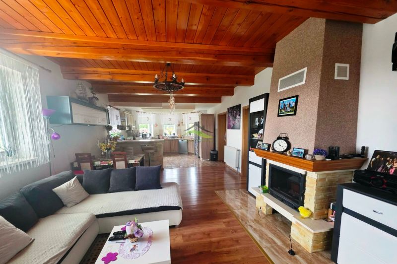 Living room with kitchen, fireplace, and wooden decor flooring in a family house.