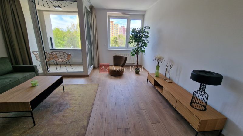 Living room in a two-room apartment with a wooden decor floor and a large window.