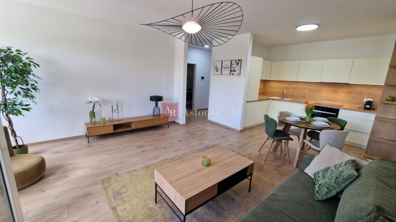 Living room with kitchen in a 2-room apartment, wooden decor flooring, elegant furniture.