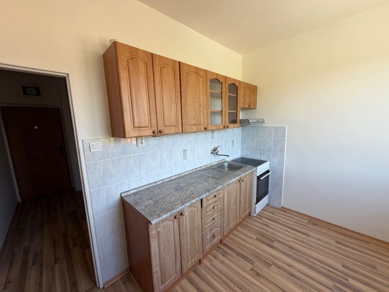 A kitchen in a studio apartment with a wood-patterned floor and a simple kitchenette.
