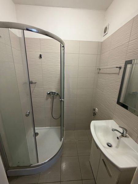 A bathroom with a corner shower and a sink in a studio apartment.