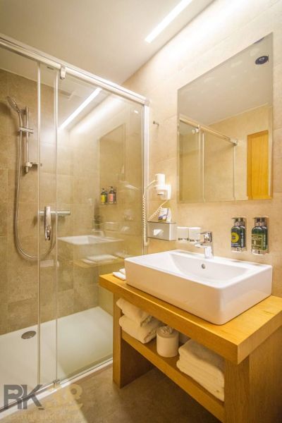 A bathroom in a holiday apartment with a glass shower enclosure and an elegant sink.