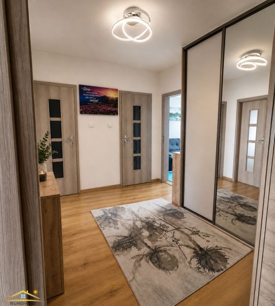 A hallway in a 3-room apartment with a wooden decor floor and a mirrored wardrobe.