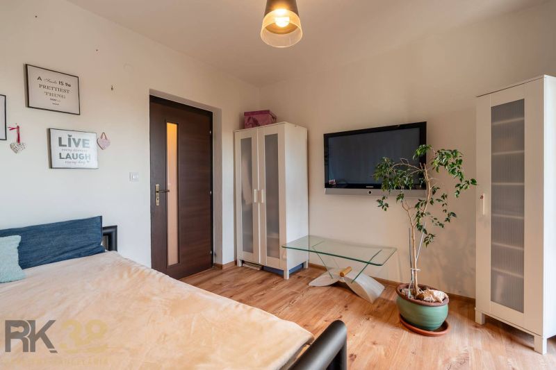 Living room in a 4-room apartment with a wooden decor floor, television, and a plant.