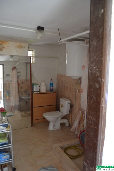 A bathroom in a family house with tiles, a shower, and a toilet.