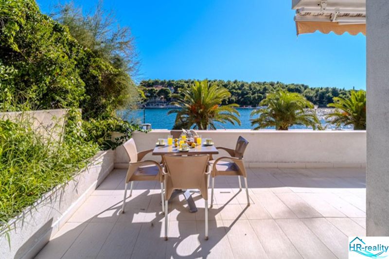 A terrace with a sea view in a holiday apartment on Brač, surrounded by nature and palm trees.