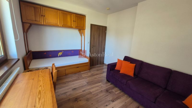Recreational apartment with a sofa, bed, wardrobe, and floor with wooden decor.
