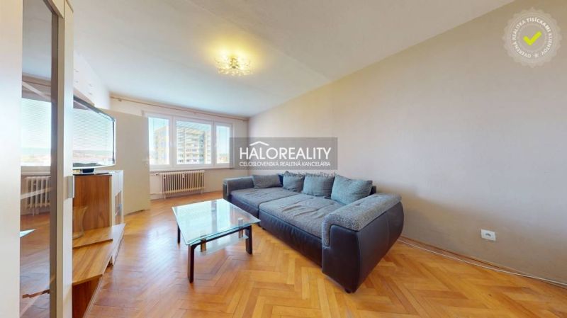 Living room with a sofa, coffee table, and wooden decor flooring in a two-room apartment.