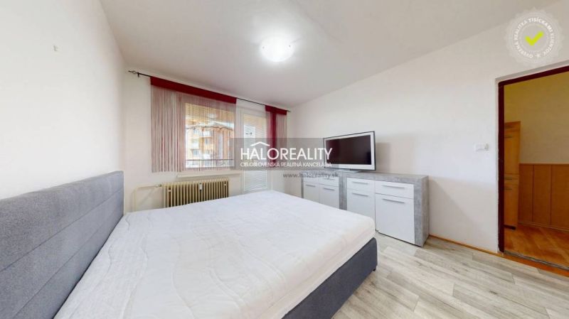 Bedroom in a 2-room apartment with a bed, television, and wood-patterned flooring.