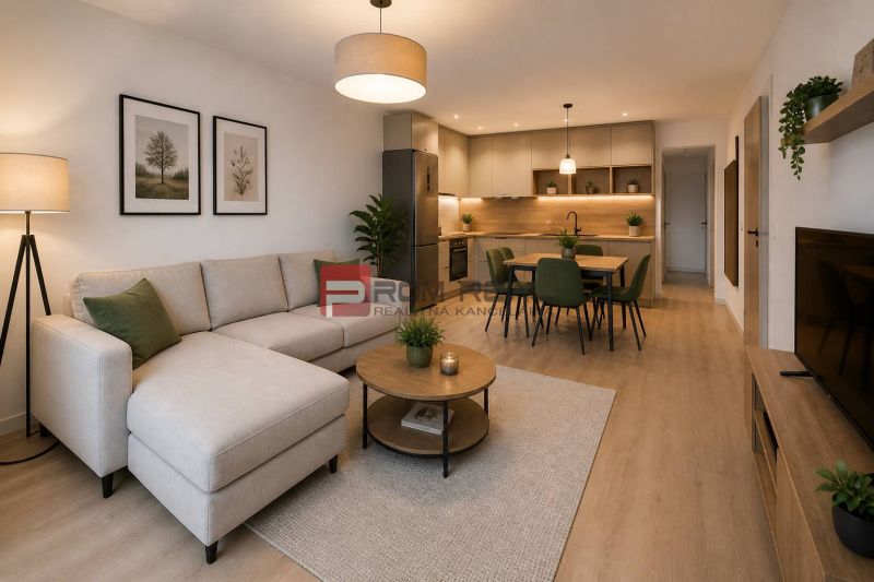 Living room with kitchen in a two-room apartment, wooden decor flooring, light furniture.