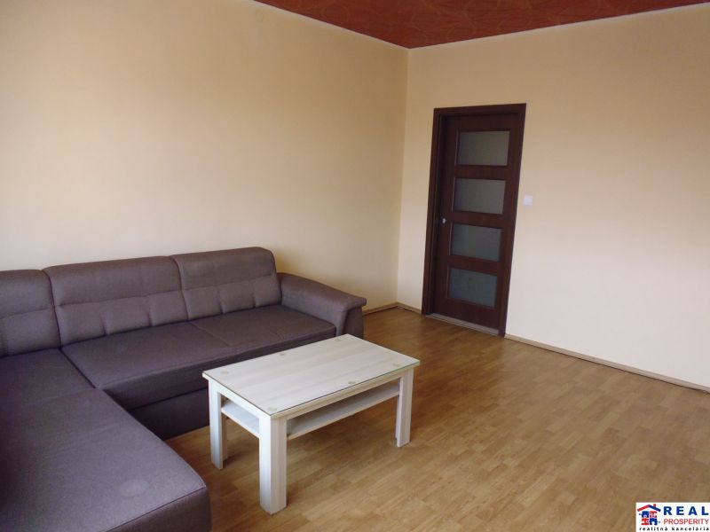 Bright living room with a sofa and a coffee table, wooden decor flooring.