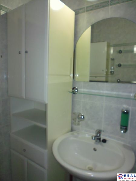 Bathroom in a 2-room apartment with a sink, mirror, and cabinet, ideal for storage space.