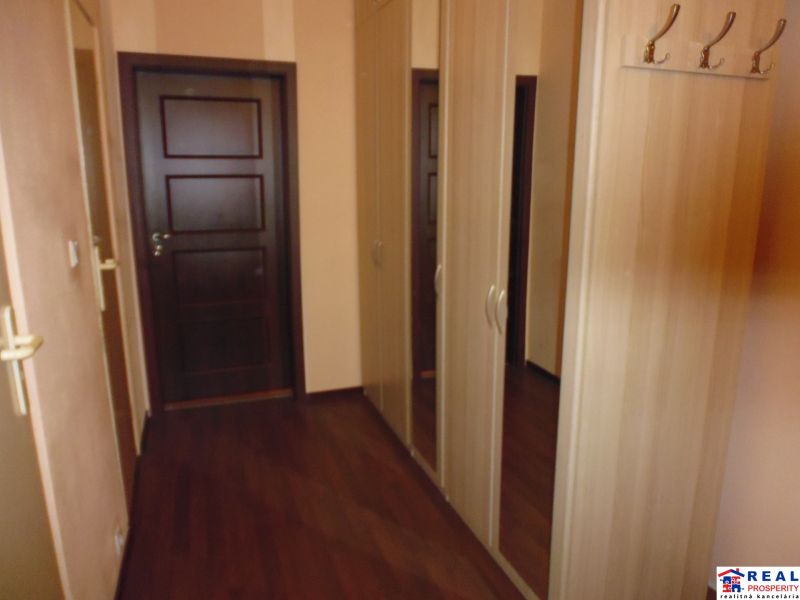 A hallway with a wooden decor floor and a wardrobe in a 2-room apartment.