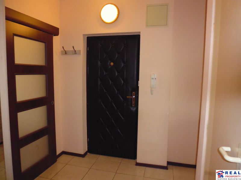 Entrance hallway in a 2-room apartment with white walls and dark doors.