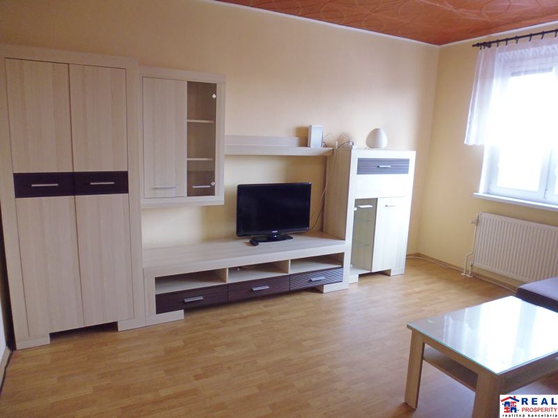 Living room in a 2-room apartment with furniture, TV, and flooring with a wood decor.
