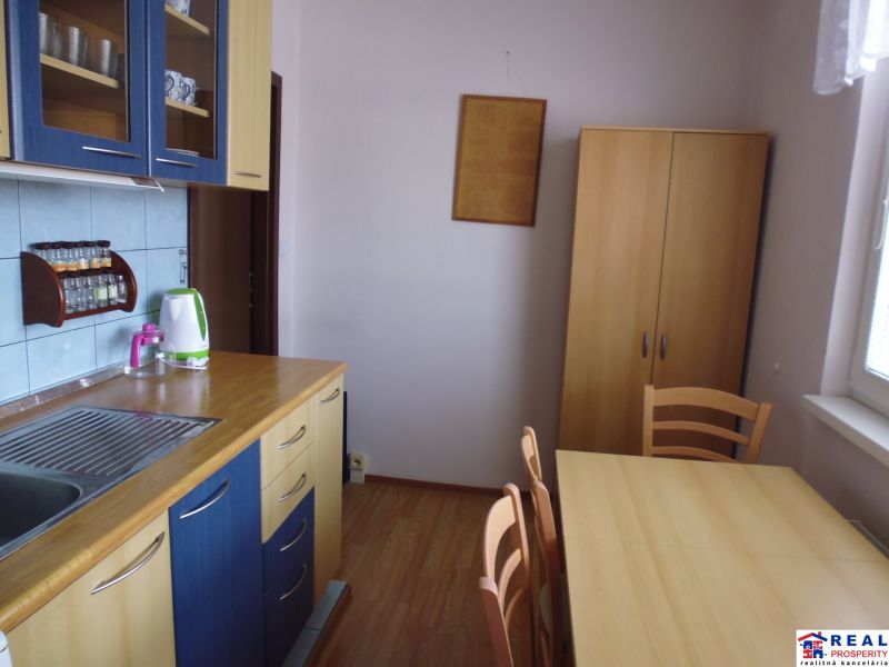 A kitchen in a 2-room apartment with a wooden decor floor, a dining table, and shelves.