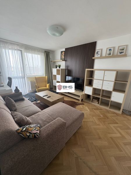 Living room in a two-room apartment with a wood-patterned floor, sofa, and TV cabinet.