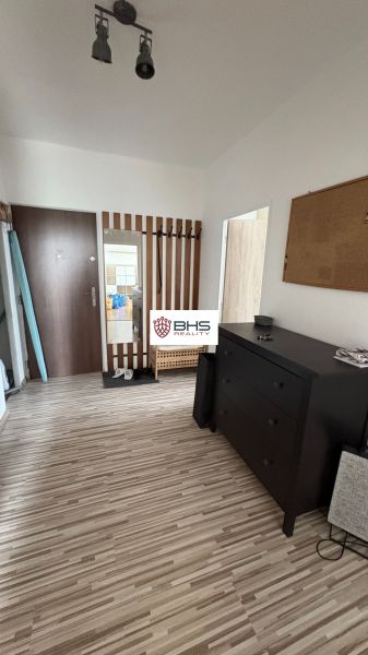 Entrance hallway in a 2-room apartment with a wood-patterned floor and practical furniture.