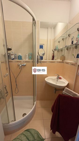 A bathroom with a shower, sink, and shelves in a 2-room apartment.