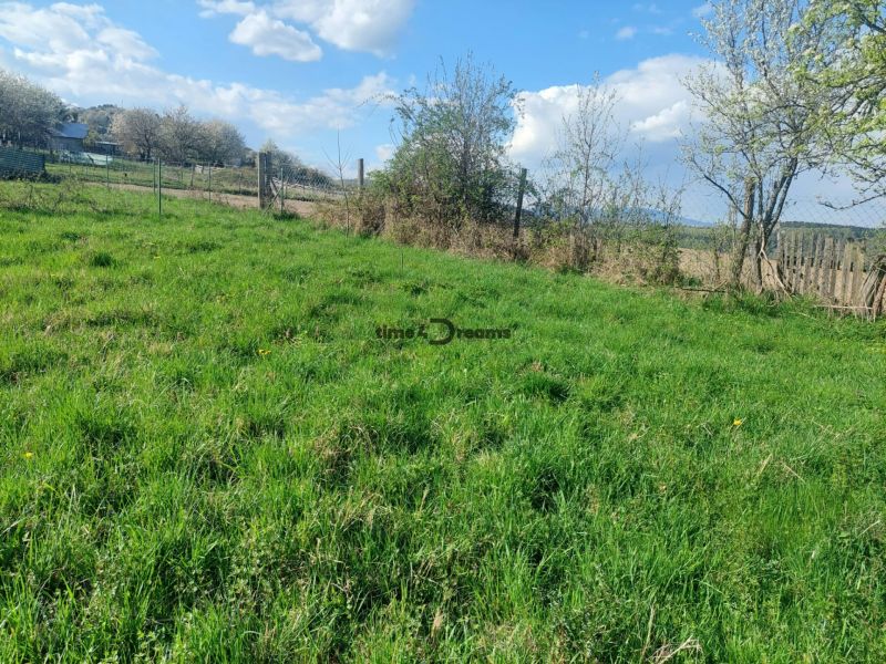 Residential plots in the village of Budiná, green pastures, and fenced areas.