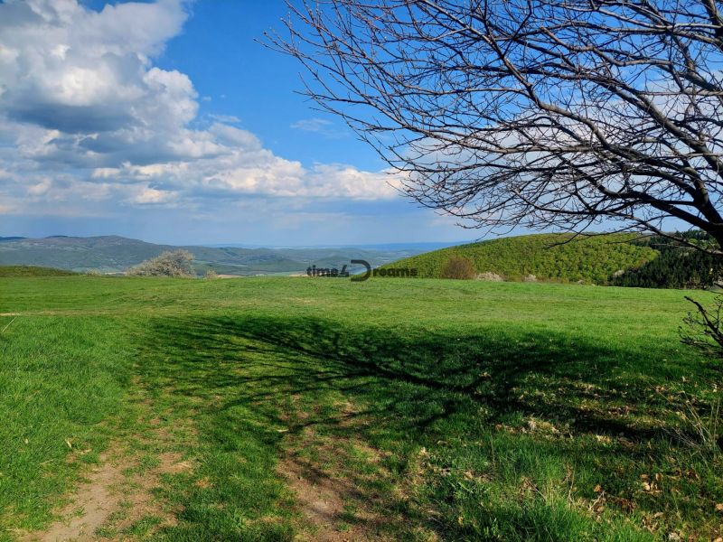 Beautiful green landscape in Budiná with a view of the hills and blue sky.