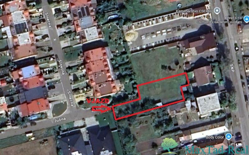Aerial photograph of plots on Južná Street in Trebišov, designated for residential use.