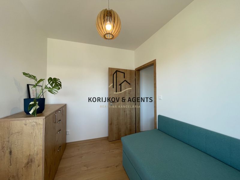 A room in a 2-room apartment with a wooden decor floor and a green sofa.