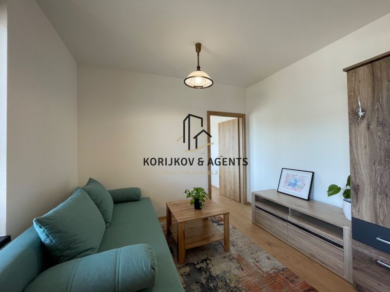Living room with wood-patterned flooring, green sofa, and wooden furniture in a two-room apartment.