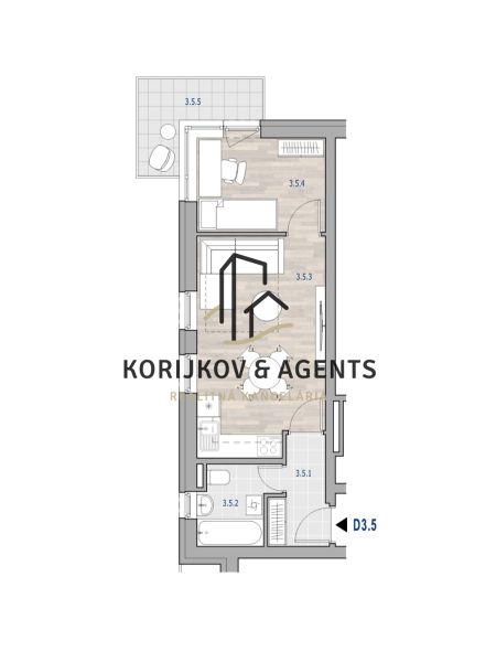 Floor plan of a 2-room apartment with wood-patterned flooring and a balcony.