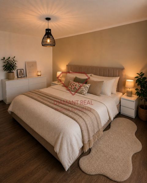 Cozy bedroom in a family house with a wooden decor floor, soft lighting, and decorations.