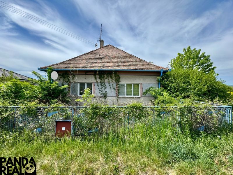A family house in Hajná Nová Ves with an overgrown garden and a sloped roof.
