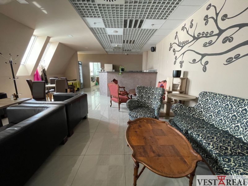Gastro premises with a wooden decor floor, chairs, and a wall with decoration.