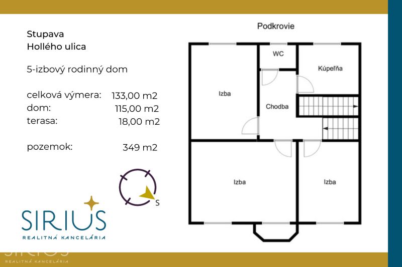 Attic floor plan of a 5-bedroom family house on Hollého Street in Stupava.