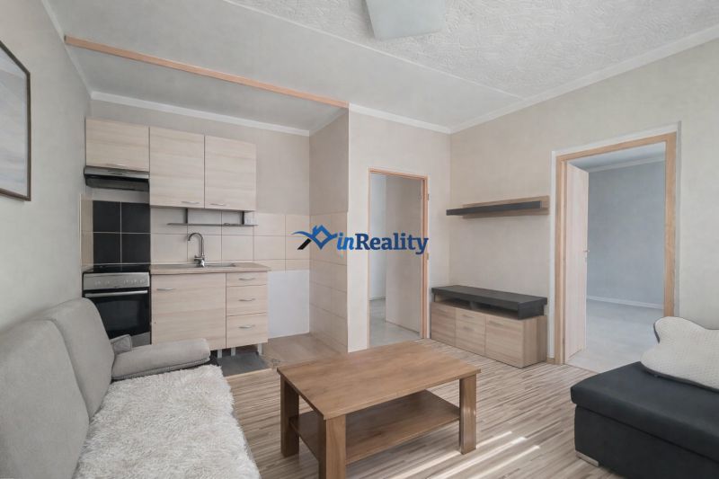 Living room with wood-patterned flooring and a kitchenette in a studio apartment.